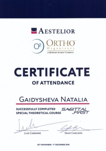 Сертификат участника теоретического курса «Sagittl first» 2018г.